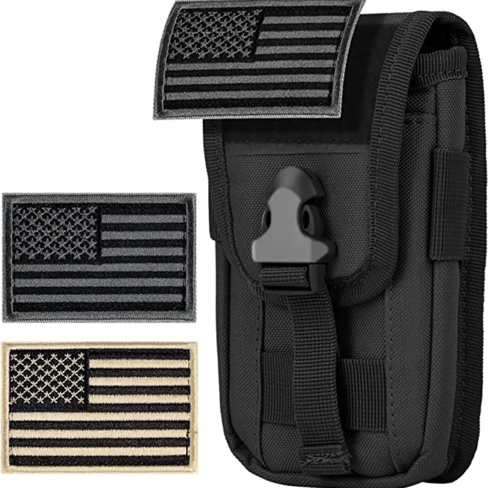 Tactical Cell Phone Holster Pouch with US Flag Patch (Black + 2 Patches)